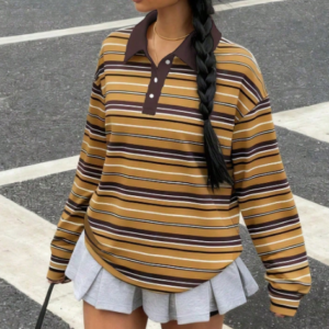 polo oversize rayé manches longues – camel & marron